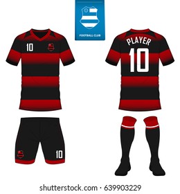Set of soccer kit or football jersey template for football club. Short sleeve football shirt mock up. Front and back view soccer uniform. Flat football logo on blue label. Vector Illustration.