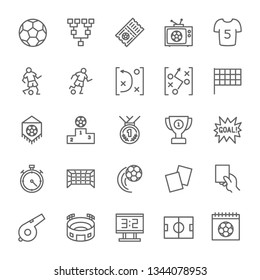 Set of Soccer Line Icons. Stadium, Field, Ball, Player, Trophy, Stopwatch, Whistle, Scoreboard and more. Pack of 48x48 Pixel Icons