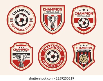 Juego de logotipos de fútbol o de carteles del club de fútbol. Logo de fútbol con diseño vectorial de fondo de escudo