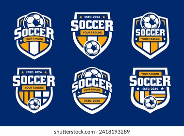 Juego de logotipos de fútbol o de carteles del club de fútbol. Logo de fútbol con diseño vectorial de fondo de escudo