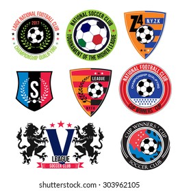 Set of Soccer logos, badges and design elements. Collection symbol of football: soccer ball, heraldry, insignia.