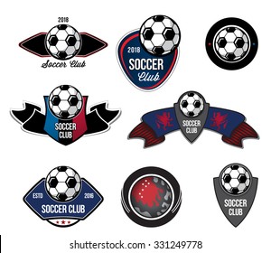Set  Soccer logos, badges  design elements. Collection symbol of football: soccer ball, heraldry, insignia. Soccer ball sign logo. Football symbol. Sporting the emblem ball emblem.