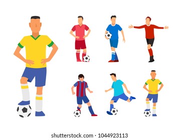 Set of Soccer Player With Ball. Footballers in Different Uniforms. Flat Vector Illustration