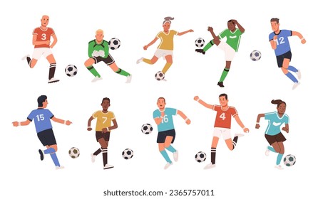 Juego de personajes de futbolistas. Hombres y mujeres con ropa deportiva jugando fútbol en un entorno aislado. Ilustración vectorial en estilo plano