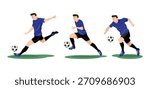Set of soccer player is kicking the ball into the goal . Flat design cartoon character illustration . Vector .