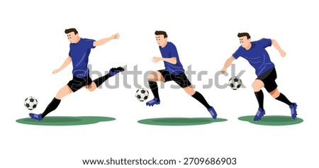 Set of soccer player is kicking the ball into the goal . Flat design cartoon character illustration . Vector .