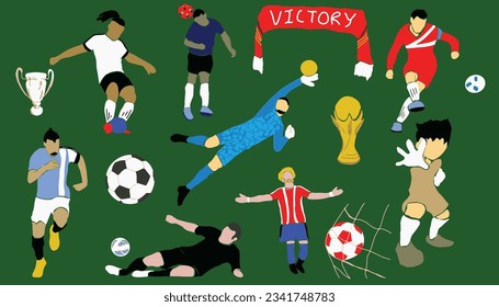 set of soccer player pose,trophy and scarf