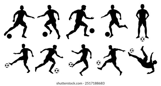 Set of soccer player silhouette vector art on a white background. It is black and white colour design. Perfect for every play types design.