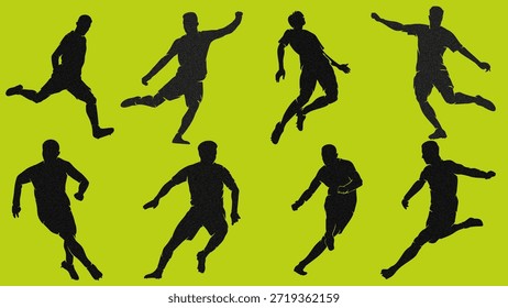 Conjunto de siluetas de jugadores de fútbol en acción: disparos, cabeceo y regates. Iconos del vector del atleta de fútbol de Profesional en un fondo verde lima para el diseño deportivo
