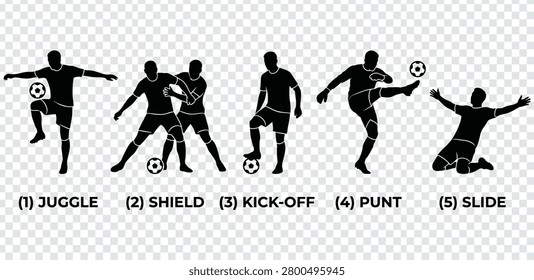 Set of soccer player silhouettes demonstrating various football skills including juggling, shielding the ball, kick-off, punting, and sliding.