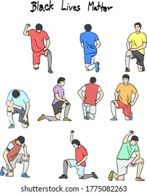 set of soccer player taking a knee protest against racism and police brutality for Black Lives Matter action vector illustration sketch doodle hand drawn with black lines isolated on white background.