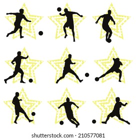 Set of soccer player vector silhouettes on stylized star background. EPS 10