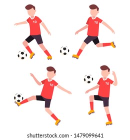 Set of Soccer player wear red jersey character vector design. Presentation in various action with dribbling, shooting, controlling, blocking, juggling.