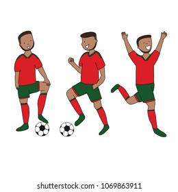 Set of soccer players of the football team of Morocco kicking a football ball. Footballer Vector Isolated white background.