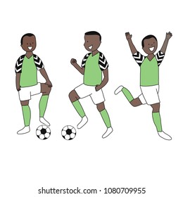 Set of soccer players of the football team of Nigeria kicking a football ball. Footballer Vector Isolated white background.