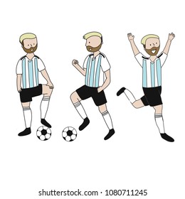 Set of soccer players of the football team of Argentina kicking a football ball. Footballer Vector Isolated white background.