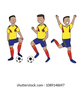 Set of soccer players of the football team of Colombia kicking a football ball. Footballer Vector Isolated white background.
