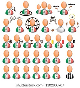 Set soccer players icons in the colors of the Mexico flag. Vector illustration