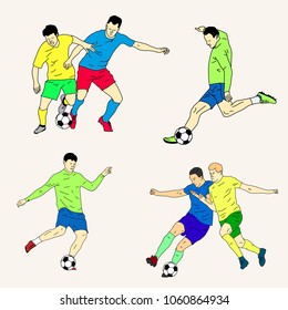 Set of soccer players kicking ball in motion. Vector illustration.