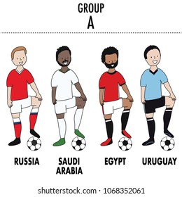 Set of soccer players of Russia, Egypt, Saudi Arabia, and Uruguay  with a football ball Vector Isolated white background.