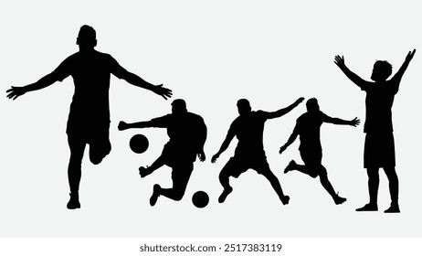 Set of Soccer players Silhouettes. Football player kicking ball action, isolated vector silhouette active sports people healthy players fitness concept.