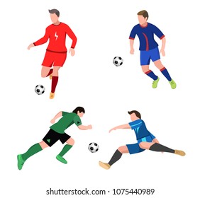 Set of soccer Players in top form with the ball. Football players isolated on white background. vector illustration in flat style.