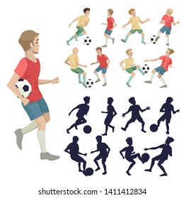 Set of soccer players, two teams, players silhouettes. Commands in a different colored form. Vector cartoon flat illustration on white background