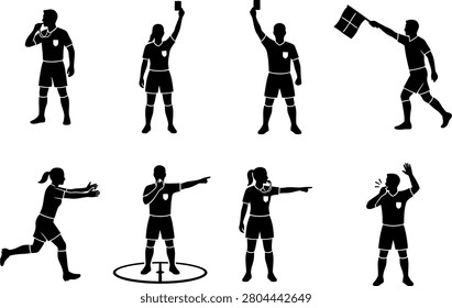 Set of soccer referee silhouettes showing various signals and actions