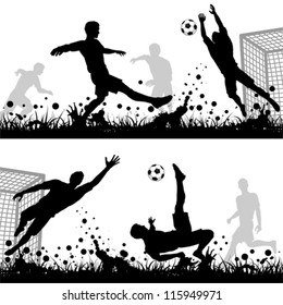 Set Soccer Silhouettes Players and Goalkeeper, isolated on white background, vector illustration