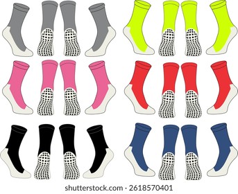 Set of soccer socks in different colors silicone printing. vector illustration. mock up cad drawing for unisex men's and women's football sock design.