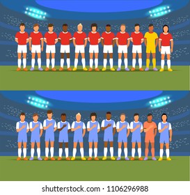 Set of soccer team. Players wait for the match beginning and hold their hands on their breasts listening to their national anthem.Vector 