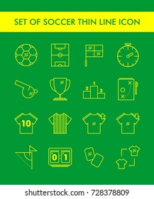 Set Of Soccer Thin Line Icon, Mono Line Flat Trend Design with Yellow Color Isolated in Green Background For Web Element, Web Icon , App, etc