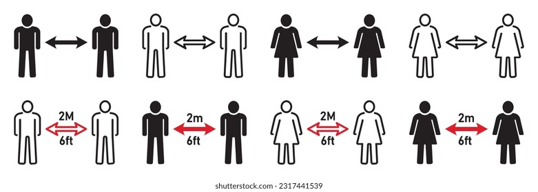 Conjunto de señales de distanciamiento social de 2 metros o 6 pies. Dos personas mantienen una distancia de 2 o 6 pies, flecha entre las dos personas, pandemia, coronavirus covid-19, advertencia. Vector.