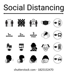 Set of social distancing icons behaviours. Mask wearing rules during Covid-19. Elements with border isolated on white background. Vector illustration for warning sign, wall sticker or infographic.