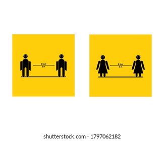 set SOCIAL DISTANCING. Keep your distance 6 feet, woman and man icon signs, keep distance 6 feet, yellow background. For marking floors or walls. Vector illustration