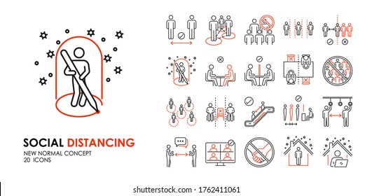 Set of Social Distancing line Symbol über Coronavirus Krankheit COVID-19 Schutz. Wie Covid-19 Prävention, soziale Distanzierung, neues normales Konzept, Vektorsymbol