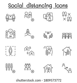 Set of Social distancing Related Vector Line Icons. Contains such Icons as avoid crowd, work from home, new normal, stay home and more. 
