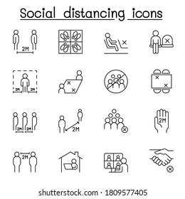 Set of Social distancing Related Vector Line Icons. Contains such Icons as avoid crowd, work from home, new normal life style, stay home and more. 