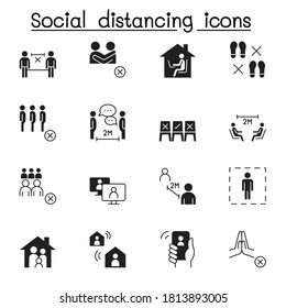 Set of Social distancing Related Vector Icons. Contains such Icons as avoid crowd, work from home, new normal, stay home and more.