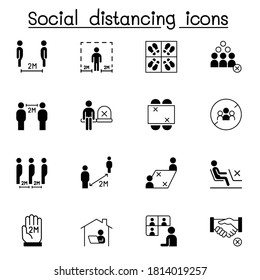 Set of Social distancing Related Vector Icons. Contains such Icons as avoid crowd, work from home, new normal life style, stay home and more. 