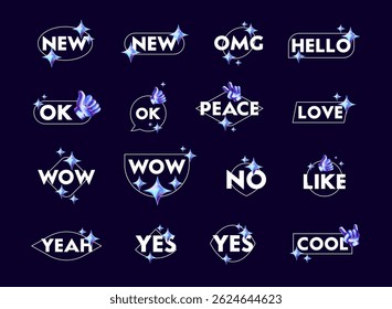 set of social icon chat tags labels with geometric line shape, modern trendy light 3d hologram, holo, futuristic decoration icon sign with sparkle