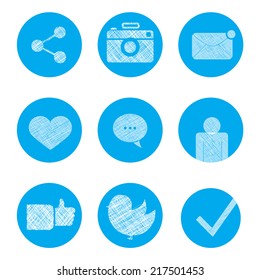 Set of social icons in doodle style. like, bird, camera, connection, human, heart, mail, message, check, dialog.