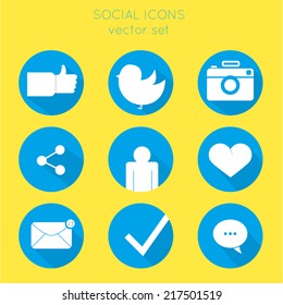Set of social icons flat style. like, bird, camera, connection, human, heart, mail, message, check, dialog.