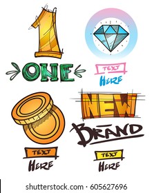 Set of social icons in hand-drawn drawing style. Sketch of various goods and objects. Elements for infographics.