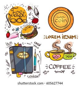 Set of social icons in hand-drawn drawing style. Sketch of various goods and objects. Elements for infographics.
