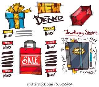 Set of social icons in hand-drawn drawing style. Sketch of various goods and objects. Elements for infographics.