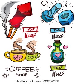 Set of social icons in hand-drawn drawing style. Sketch of various goods and objects. Elements for infographics.