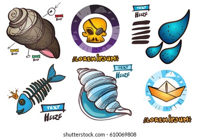 Set of social icons in hand-drawn drawing style. Sketch of food and natural elements. Elements for infographics.