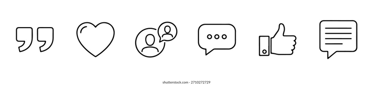 A set of social interaction icons including quotes, likes, profiles, comments, and messaging. Ideal feedback, or engagement visuals.