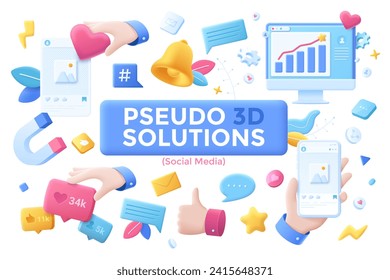 Set of social media 3d cartoon vector icons. Digital marketing on social networks cartoon elements composition. Online advertising creative illustration for website, mobile, presentation